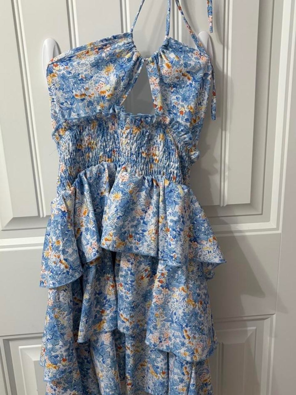Girls Blue Floral Tiered Halter Dress
